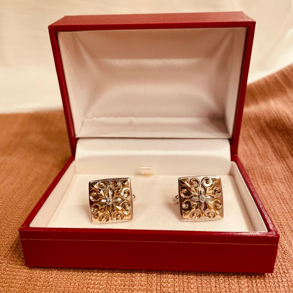 Carl Blackburn Sterling Silver Diamond Cufflinks with 18K Gold Accents